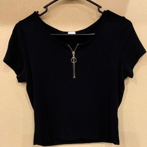 Garage Black Half Zip Ribbed Tee